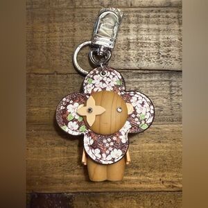 Floral Wooden Keychain with Rhinestone Accents, New